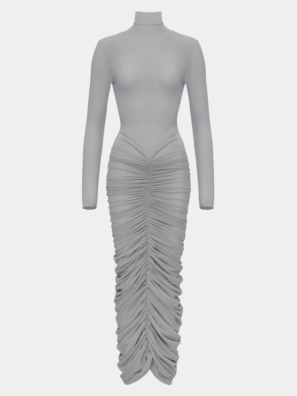 Ruched Turtleneck Maxi Dress in Light Gray